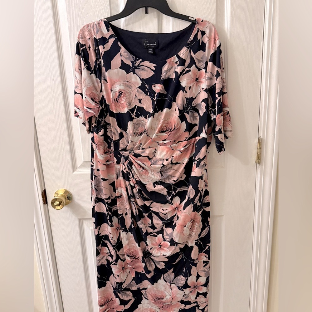 Connected Apparel Navy and Pink Floral Midi Dress